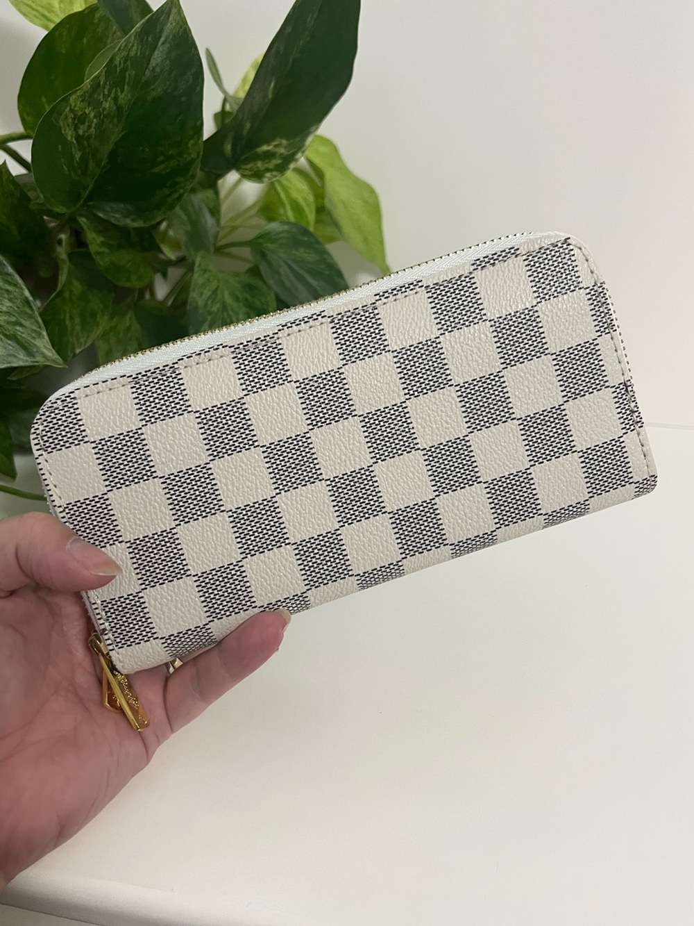 Checkered Vegan Double Zip Wallet, White & Grey